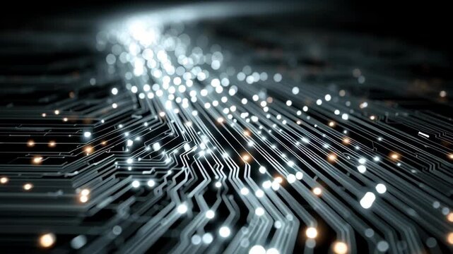 Close-up of a circuit board displaying intricate patterns and glowing connections, symbolizing advanced technology and networking. ideal for themes of innovation, digital communication, and modern ele