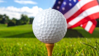 Obraz premium White golf ball on yellow tee with American flag in background, bright patriotic golf scene on manicured grass