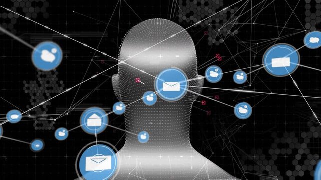 Humanoid silhouette connecting with tech network, showing email icons, user icons, cloud symbols
