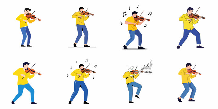 Male musician playing violin set, performing various dynamic poses in flat cartoon illustration style.