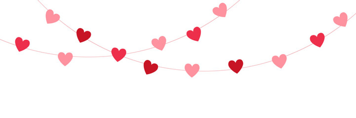 Paper pink heart string. Valentine day garland. Love background. Wedding banner. Happy Holiday decoration. Birthday party bg. Hanging confetti. 8 March card. Vector illustration. © Liubov