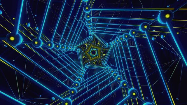 Abstract futuristic VJ loop background with intense rhythmic depth and kaleidoscopic motion for stage screens and LED walls for high-tech club and concert visuals