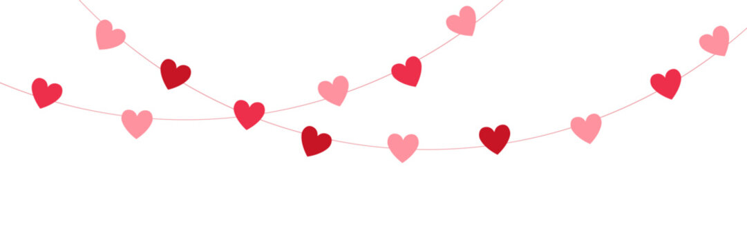 Paper pink heart string. Valentine day garland. Love background. Wedding banner. Happy Holiday decoration. Birthday party bg. Hanging confetti. 8 March card. Vector illustration.