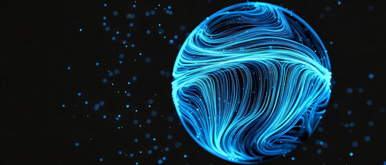 Abstract blue sphere with swirling light patterns against a dark background with scattered particles