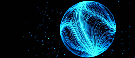 Abstract blue sphere with flowing light patterns against a starry background