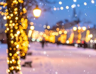 Festive snowy street scene with twinkling golden lights in winter