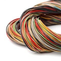Close-up of colorful electrical wires, intertwined on white