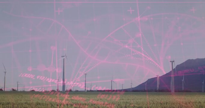 On start pink network emerging over turbines, mapping flow with pulsing nodes then retracting