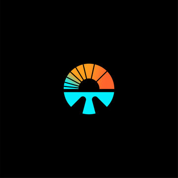 Modern bright logo design combining the letter T with a sun icon. Energetic and clean style ideal for solar power, travel agencies, summer fashion, and nature-inspired corporate brands.