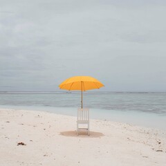 Empty Beach Scene With Yellow Umbrella And White Chair