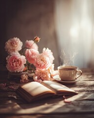 Pink Roses Tea Cup And Book On Wooden Table