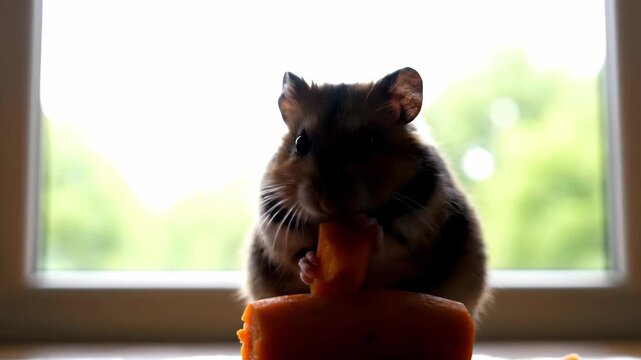 In a cozy room at sunset, a cheerful hamster sits on a small block, munching delectably on a snack while sunbeams dance around it.
