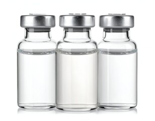 Three transparent vials, silver caps, containing liquid, white background