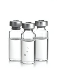 Three clear glass vials with silver caps, containing transparent liquid