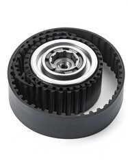 Close-up of black toothed belt and metallic circular component