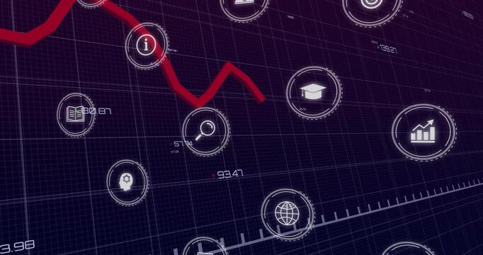 Starting at upper left, red zigzag trend line weaving through data icons, showing data trend shifts