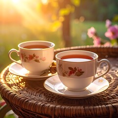 Two teacups on a wicker table bathed in warm sunlight