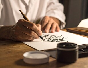 A person's hand drawing intricate black lines on white paper with a brush