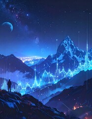 A person gazes at mountains with data overlays under a starry night sky