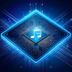 Abstract electronic circuit board with a musical note icon