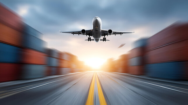 A cargo plane descends towards a busy shipping port at sunset. Dramatic skies and colorful containers create an industrial atmosphere.