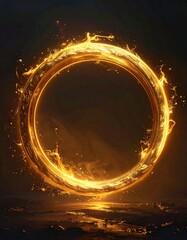Glowing golden ring portal against a dark backdrop, with fiery effects