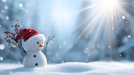 Fototapeta premium A cheerful snowman wearing a red hat in a snowy landscape, sparkling sunlight creating a magical winter ambiance.