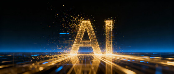 Golden AI letters glowing with digital particles on a futuristic cityscape background
