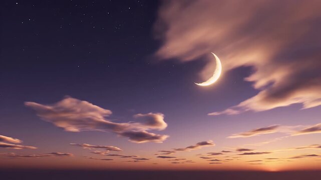 Glowing crescent moon shining through soft clouds in a starry night sky at twilight.