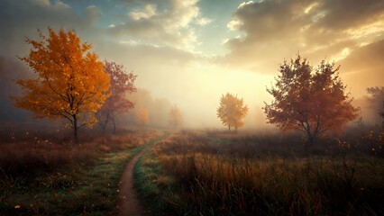 Fototapeta premium Golden Haze: Autumn Path Through Misty Fall Foliage at Dawn