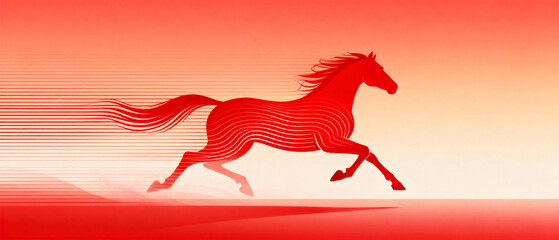 Stylized red silhouette of a galloping horse against a gradient background