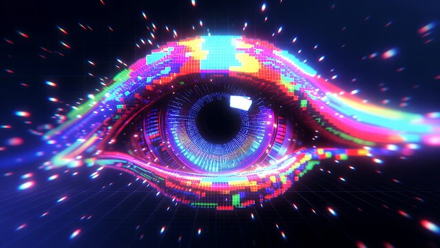 Neon Pixel Vision: Futuristic Digital Eye Art with Cyber Grid