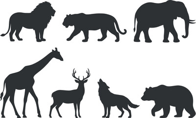 Fototapeta premium Wild animal silhouettes set with safari and forest wildlife