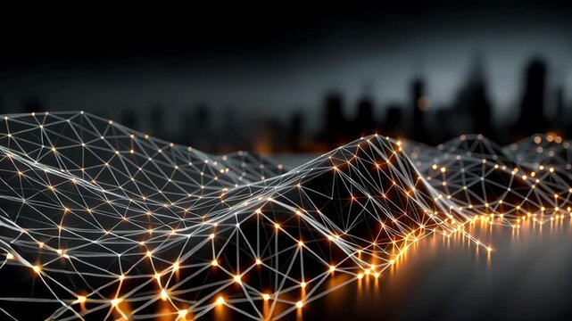 Glowing interconnected nodes form a network over a dark blurred cityscape background. representing concepts of digital communication, data transfer, and advanced technology, the image conveys innovati