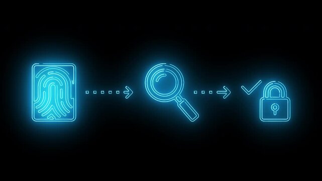 Neon blue icons depicting fingerprint scanning, verification, and secure access on a black background with a white border at the bottom.
