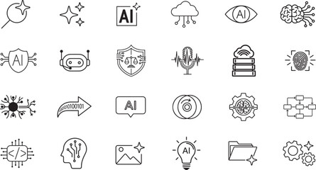 Fototapeta premium Minimalist Black and White AI and Tech Icons – Neural Network, Blockchain, Cloud, Fingerprint, Voice, Robot, Gear