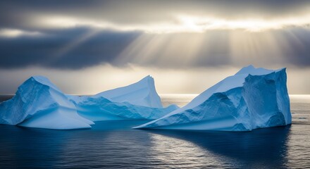 Majestic icebergs drift in the deep blue arctic ocean under dramatic sunbeams.