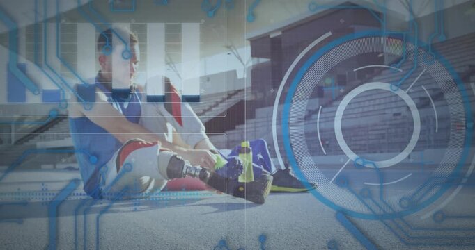 Animation of data processing over disabled caucasian sportsman