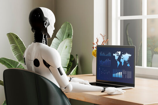 3D robot reviewing global data on screen in workspace