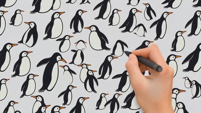 Penguin Pattern Animation: Hand Drawing Cute Black and White Antarctic Birds
