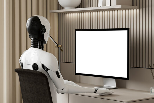 3D robot working at desktop computer in modern interior