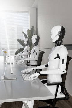 3D robot team at office workstation performing tasks