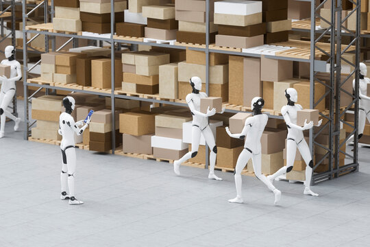 3D robots collaborating in warehouse logistics tasks