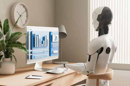 3D robot analyzing data from digital dashboard screen