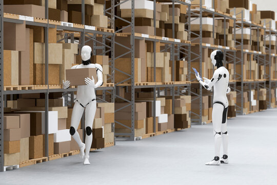 3D humanoid robot holding logistics package in warehouse
