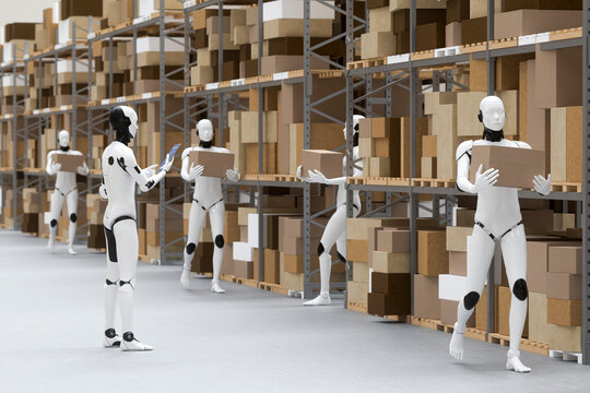 3D robot performing logistics task in smart warehouse