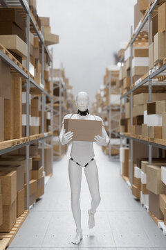 3D robots working in logistics team warehouse workflow