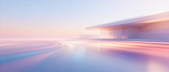Modern architectural structure at dawn with smooth reflective surface and soft pastel lighting