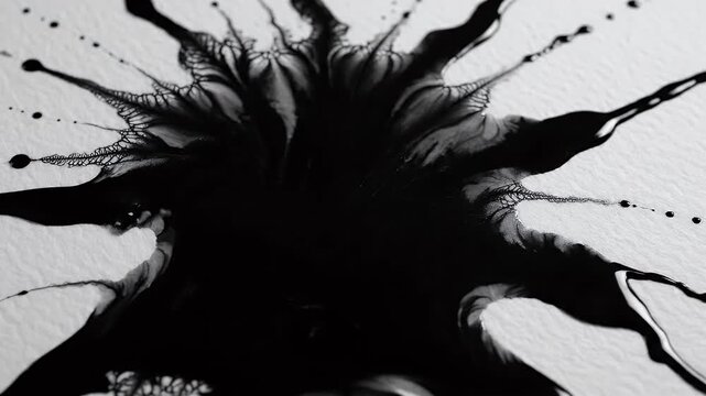 Black ink splatter spreading across textured white paper in a close-up abstract art shot.
