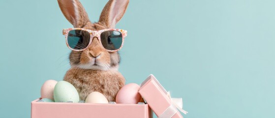 Happy Easter concept holiday greeting card - Cool Easter bunny, rabbit with sunglasses, sitting in a gift box with Easter eggs, isolated on a blue background
